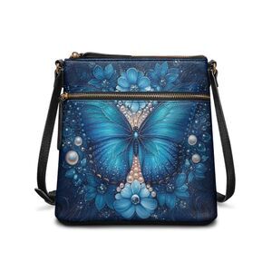2331 Blue Butterfly Crossbody Bag Medium Size Floral Crossbody Handbag